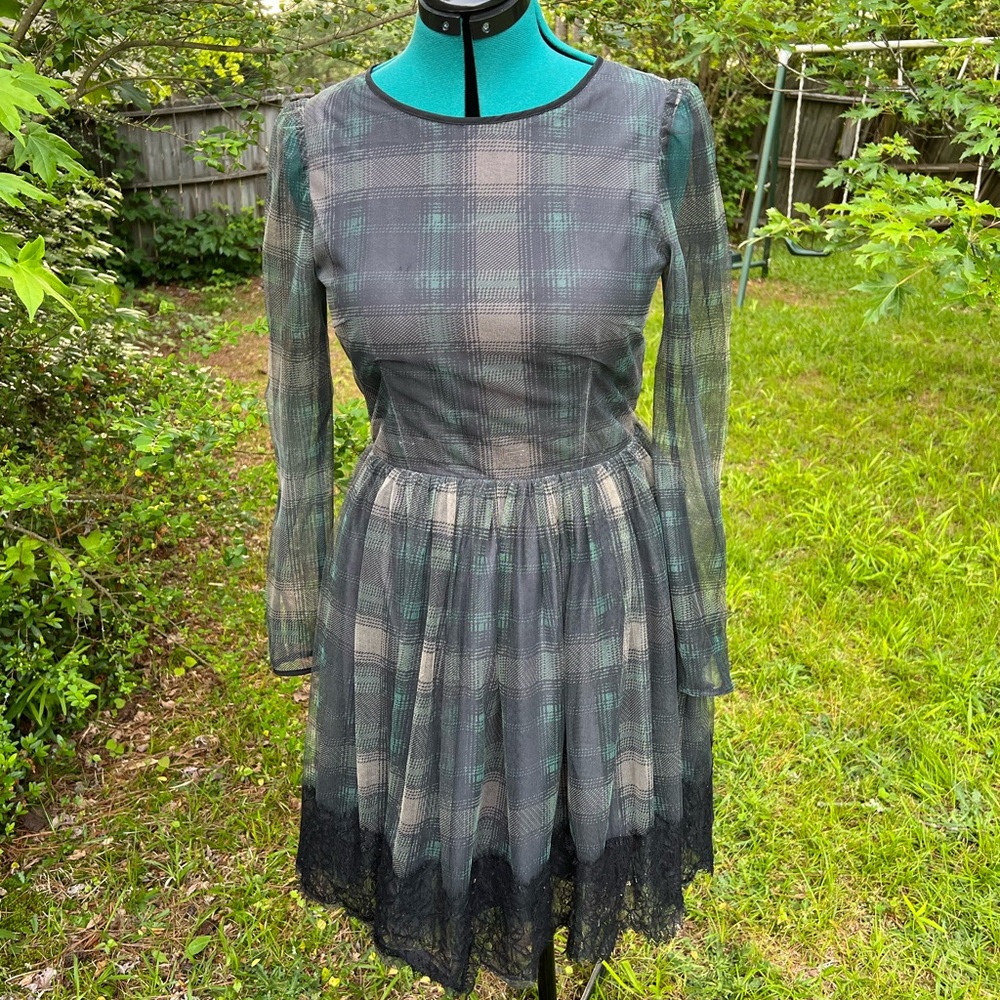 Red Valentino Green And black plaid Lace Dress
